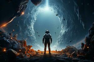 Astronaut in an alien cave. Mixed media. Mixed media Ai Generated photo