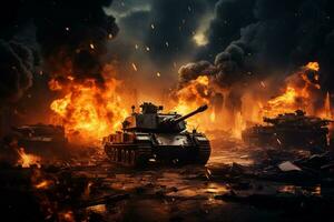 guerra concepto. militar siluetas luchando escena en tanque guerra niebla cielo fondo, ai generado foto