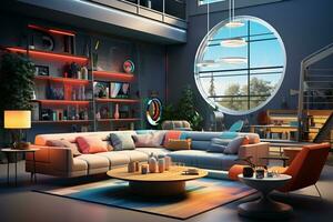 Modern interior of living room. with neon light. 3D rendering. 3D illustration. Ai Generated photo