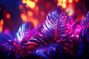 Close up of tropical plant leaves in neon light. Colorful tropical background. Ai Generated photo