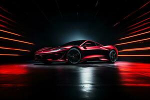 Futuristic sports car on a dark background. 3d rendering Ai Generated photo