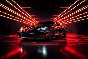 Futuristic sports car on a dark background. 3d rendering Ai Generated photo