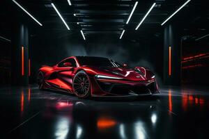 Futuristic sports car on a dark background. 3d rendering Ai Generated photo