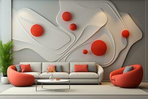 moderno brillante interiores 3d representación ilustración con blanco cuero sofá ai generado foto