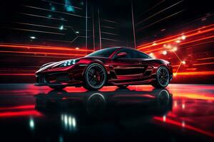 Futuristic sports car on a dark background. 3d rendering Ai Generated photo