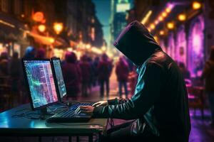 hacker en capucha robando datos desde computadora. ciber crimen concepto. ai generado foto