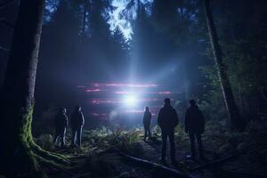 Silhouette of a group of people in front of a big circle of light Ai Generated photo