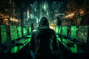 Hacker in hood stealing data from computer. Cyber crime concept. Ai Generated photo