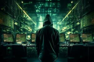 hacker en capucha robando datos desde computadora. ciber crimen concepto. ai generado foto