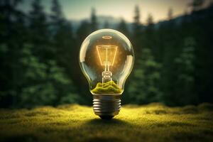 Glowing light bulb with green moss inside on nature background. 3D rendering. Ai Generated photo