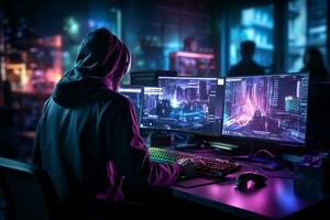 Hacker in hood stealing data from computer. Cyber crime concept. Ai Generated photo