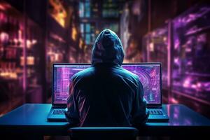 Hacker in hood stealing data from computer. Cyber crime concept. Ai Generated photo
