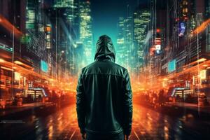 Hacker in hood stealing data from computer. Cyber crime concept. Ai Generated photo