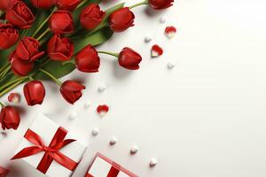 Gift box and roses on white background, top view. Space for text Ai Generated photo