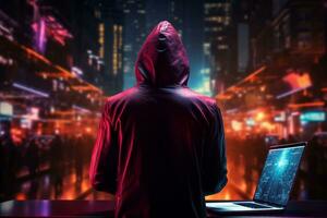 Hacker in hood stealing data from computer. Cyber crime concept. Ai Generated photo