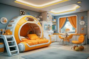 3D rendering of a children's with living room with a baby bed. Ai Generated photo