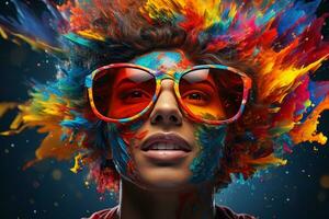 Portrait of a beautiful young african american woman in colorful wig and sunglasses. Ai Generated photo