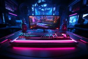 cyberpunk jugador espacio de trabajo con personal computadora y juego de azar accesorios. 3d representación ai generado foto