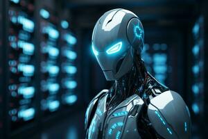 3d rendering humanoid robot or cyber man with computer monitor on background Ai Generated photo