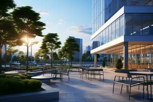 Modern office building with glass facade and outdoor terrace. 3d rendering Ai Generated photo