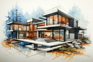 3d rendering of modern cozy house with pool Black line sketch with watercolor background. Ai Generated photo