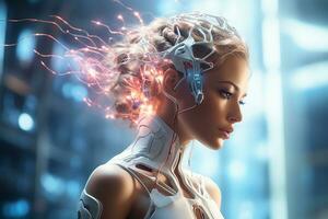 3d rendering female cyborg or robot looking at hologram screen Ai Generated photo