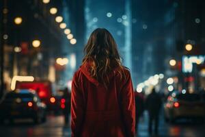 Back view of a young woman in red jacket walking in the city at night Ai Generated photo