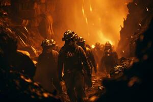 Firefighters extinguish a fire in a cave. Selective focus. Ai Generated photo