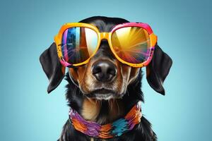 Funny dog with sunglasses on blue background. 3D illustration. Ai Generated photo