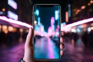 male hand holding mobile phone with blank screen on blurred night city background. Ai Generated photo