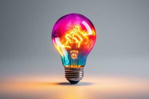 Glowing colorful light bulb on a white background. 3D illustration. Ai Generated photo