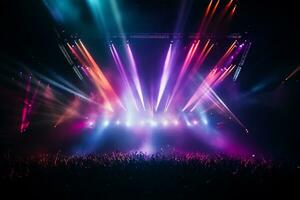 concierto multitud en frente de un brillante etapa con luces y fumar ai generado foto