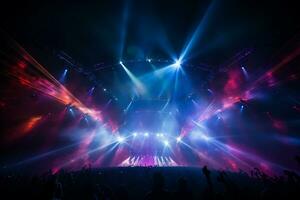 Concert crowd in front of a bright stage with lights and smoke Ai Generated photo