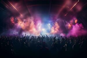 Concert crowd in front of a bright stage with lights and smoke Ai Generated photo