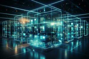 Digital server room data center with rows of hard drives 3d rendering image Ai Generated photo
