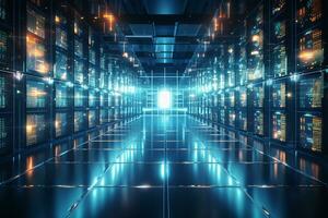 Digital server room data center with rows of hard drives 3d rendering image Ai Generated photo