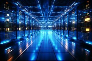 Digital server room data center with rows of hard drives 3d rendering image Ai Generated photo