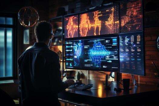 lado ver de joven caucásico hombre en los anteojos utilizando computadora mientras sentado a mesa en oscuro oficina ai generado foto