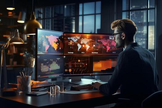 lado ver de joven caucásico hombre en los anteojos utilizando computadora mientras sentado a mesa en oscuro oficina ai generado foto