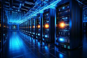 Digital server room data center with rows of hard drives 3d rendering image Ai Generated photo