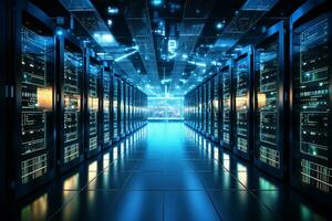 Digital server room data center with rows of hard drives 3d rendering image Ai Generated photo