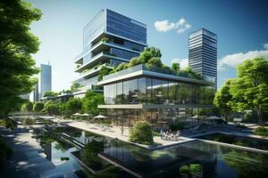 Modern apartment building with green trees and blue sky. 3d rendering Ai Generated photo