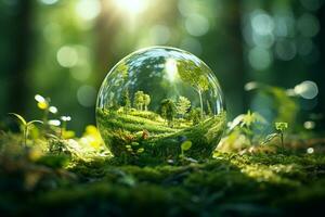 Crystal ball with green forest and bokeh. Ecology concept. Ai Generated photo