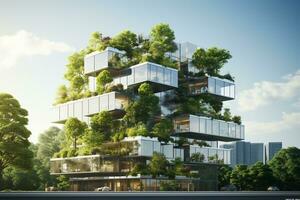 Modern apartment building with green trees and blue sky. 3d rendering Ai Generated photo