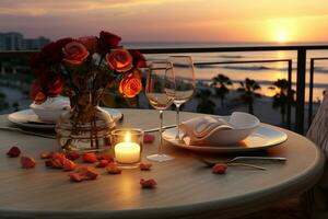 romántico cena en el terraza con vista a el mar a puesta de sol. ai generado foto