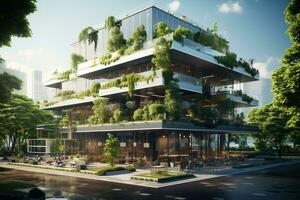 Modern apartment building with green trees and blue sky. 3d rendering Ai Generated photo