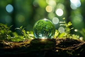 Crystal ball with green forest and bokeh. Ecology concept. Ai Generated photo