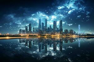 Futuristic city with glowing lights and digital interface. 3D rendering Ai Generated photo