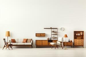 moderno vivo habitación interior con marrón sofá, estante para libros y café mesa. 3d hacer ai generado foto
