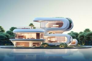 3D rendering of a futuristic modern house white background Ai Generated photo